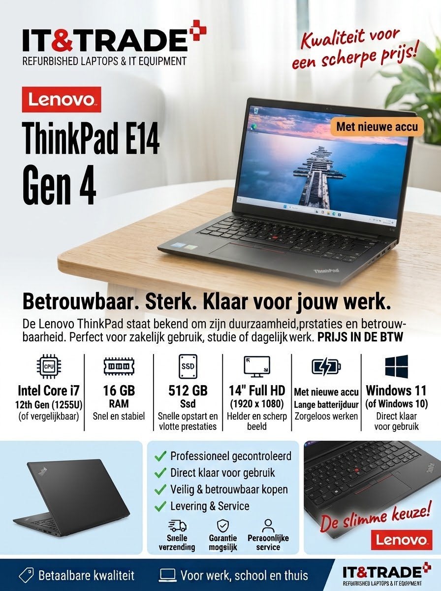 Lenovo ThinkPad E14 Gen 4 i7-1255u | 16GB | 512GB Ssd, Qwerty, Minder dan 2 Ghz, SSD, 16 GB