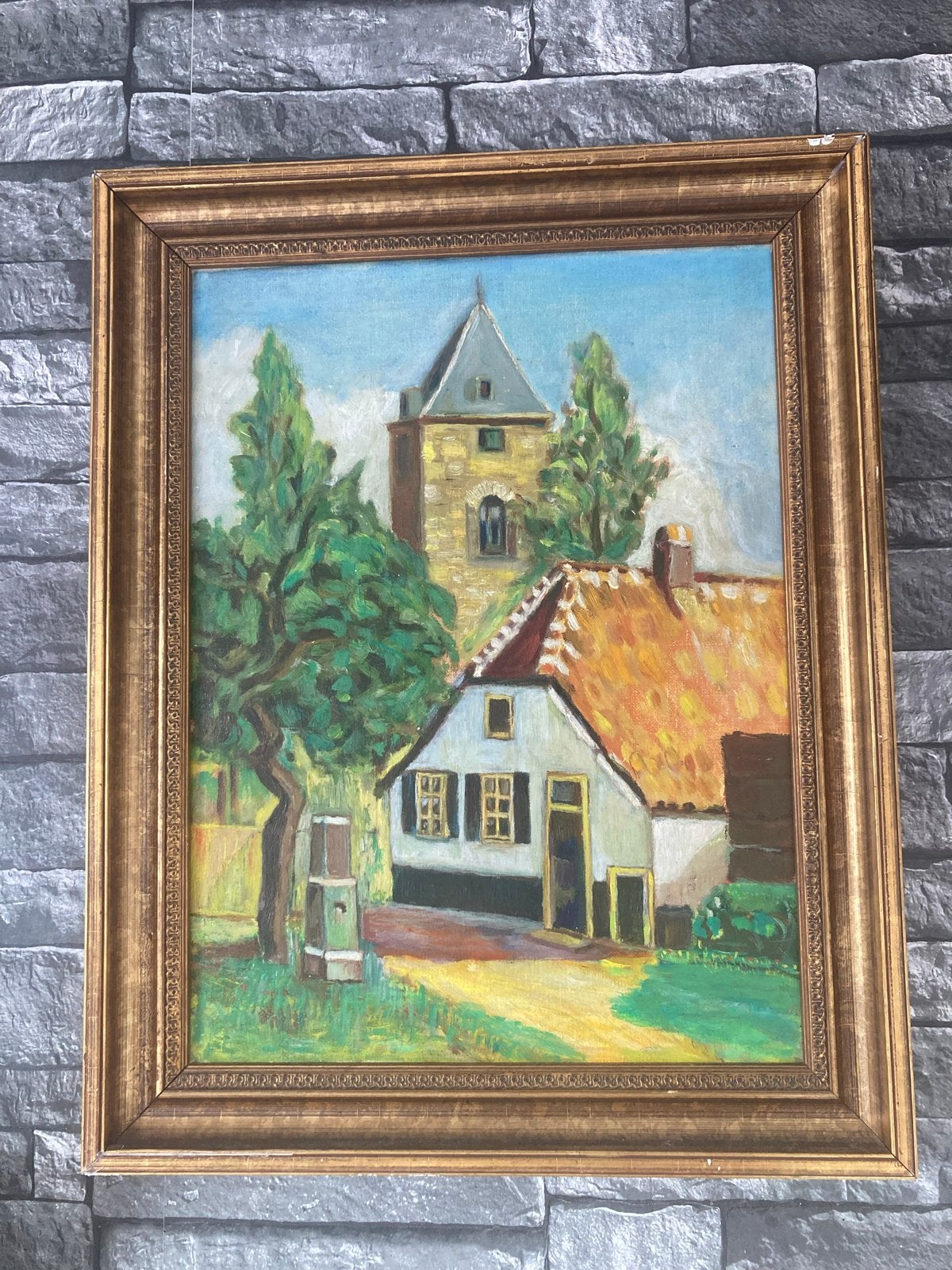 Gemoedelijk dorpsgezicht, olieverf op linnen, jaren '60, Antiek en Kunst, Kunst | Schilderijen | Klassiek, Doek, Realistisch, Ophalen of Verzenden