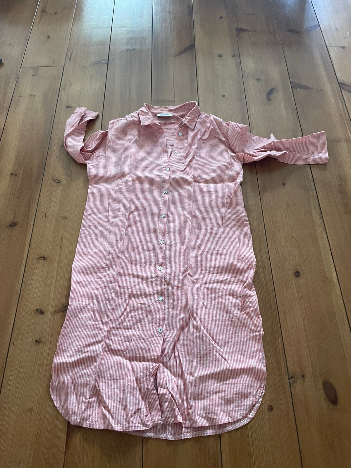 Mooie koraalrode beige linnen jurk Bellamy, L/XL, Verzenden, Beige, Maat 46/48 (XL) of groter, Zo goed als nieuw