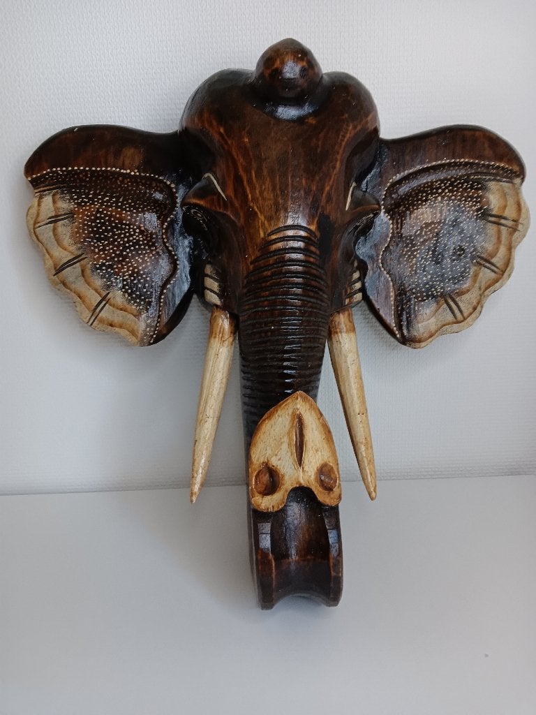Grote houten olifantenkop - Handgemaakt houtsnijwerk, Antiek en Kunst, Houtsnijwerk, Handgemaakt, Ophalen of Verzenden, Zoogdier