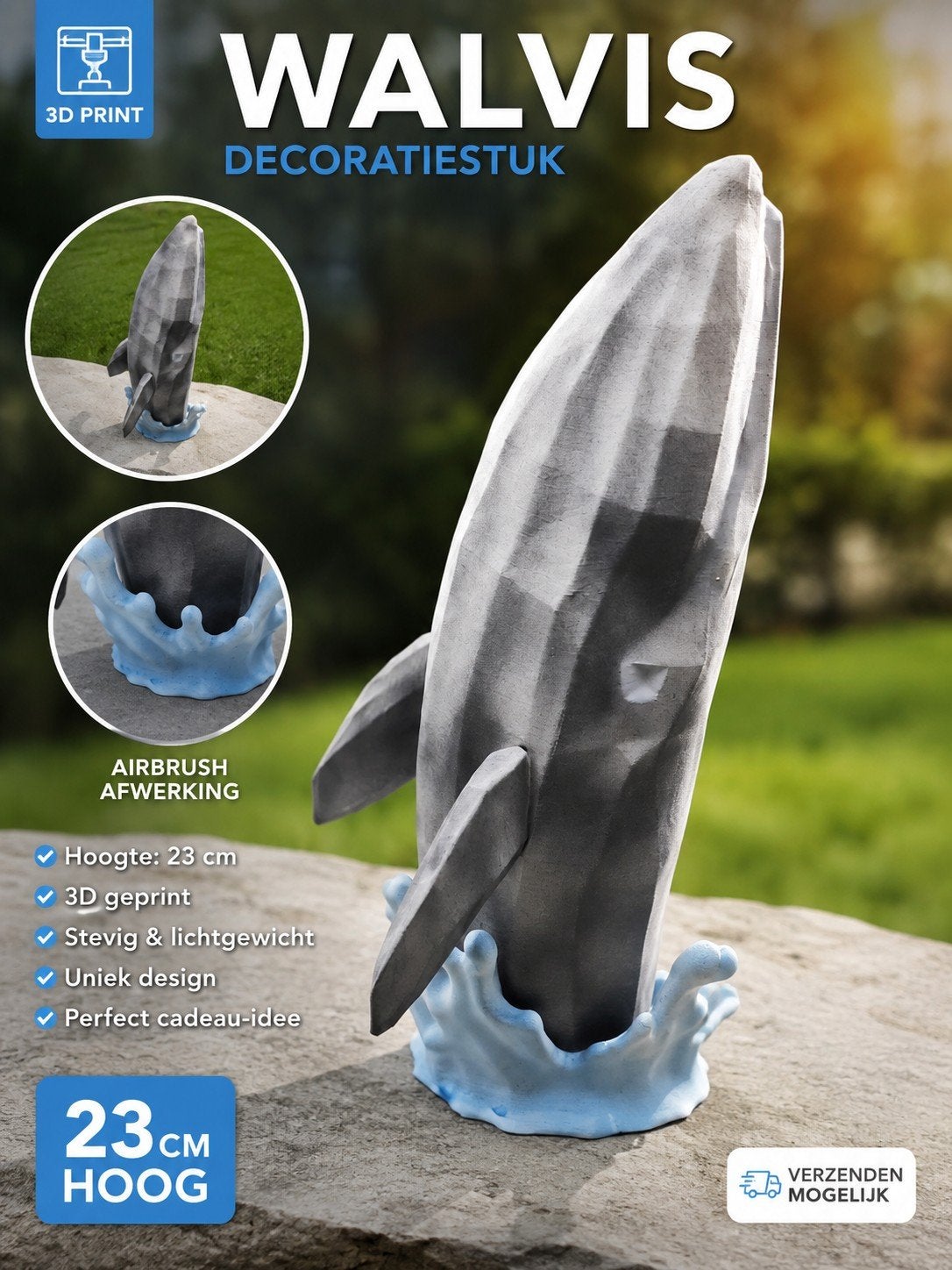 Decoratieve Walvis - 3D Geprint Kunstwerk, Nieuw, Kunststof, Ophalen of Verzenden, Modern