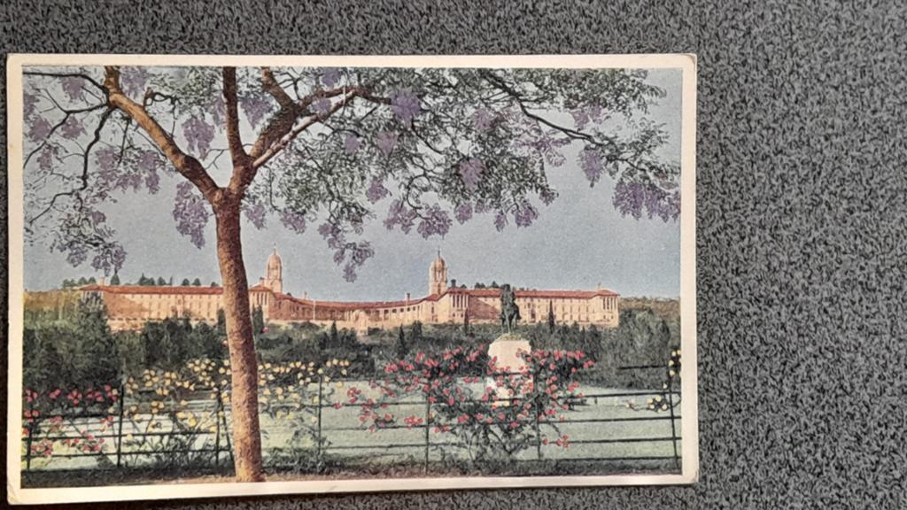 ansichtkaart Zuid Afrika- Pretoria jr.50 Union Bld/Jacaranda, Ophalen of Verzenden, 1940 tot 1960, Buiten Europa