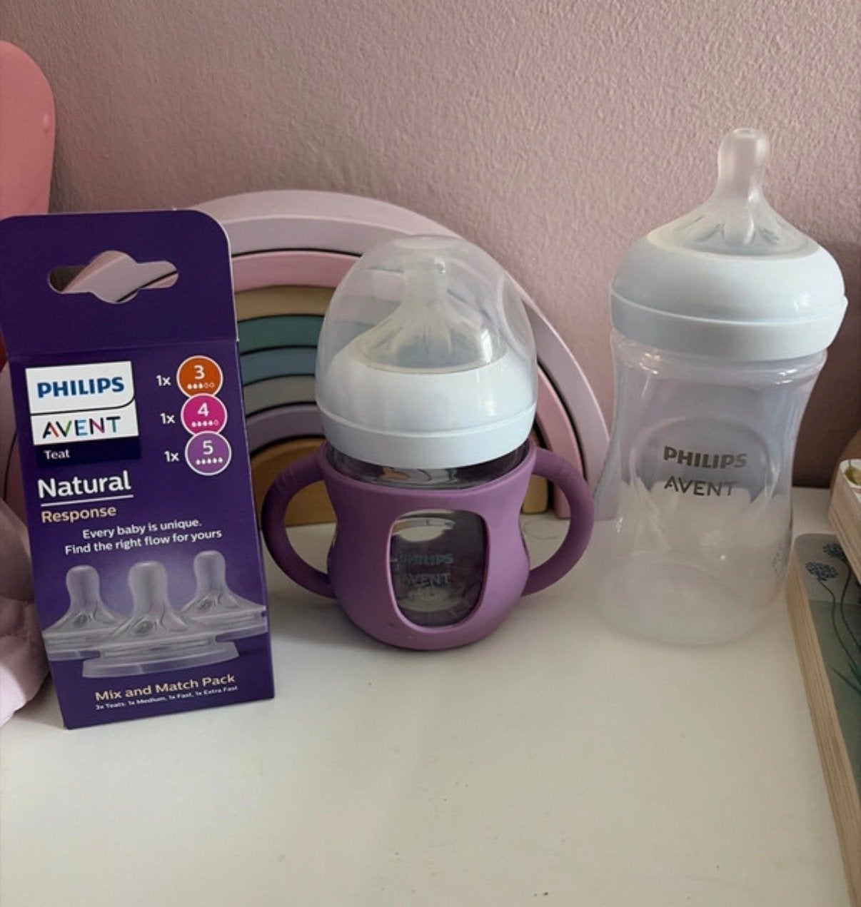 Philips Avent glazen fles met handvat en spenen, Zo goed als nieuw, Babyfles, BPA-vrij, Philips Avent