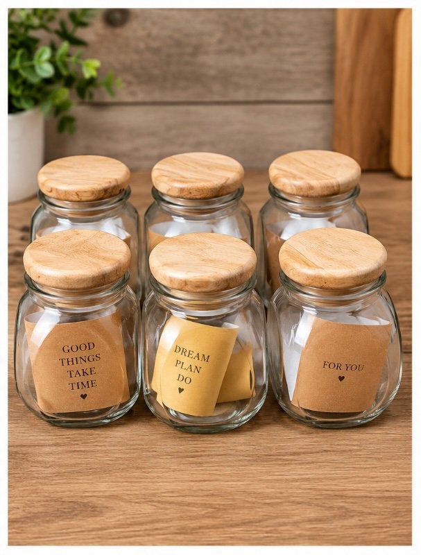 Set van 6 Glazen Opbergpotten met Houten Deksel, Ophalen, Nieuw, Glas