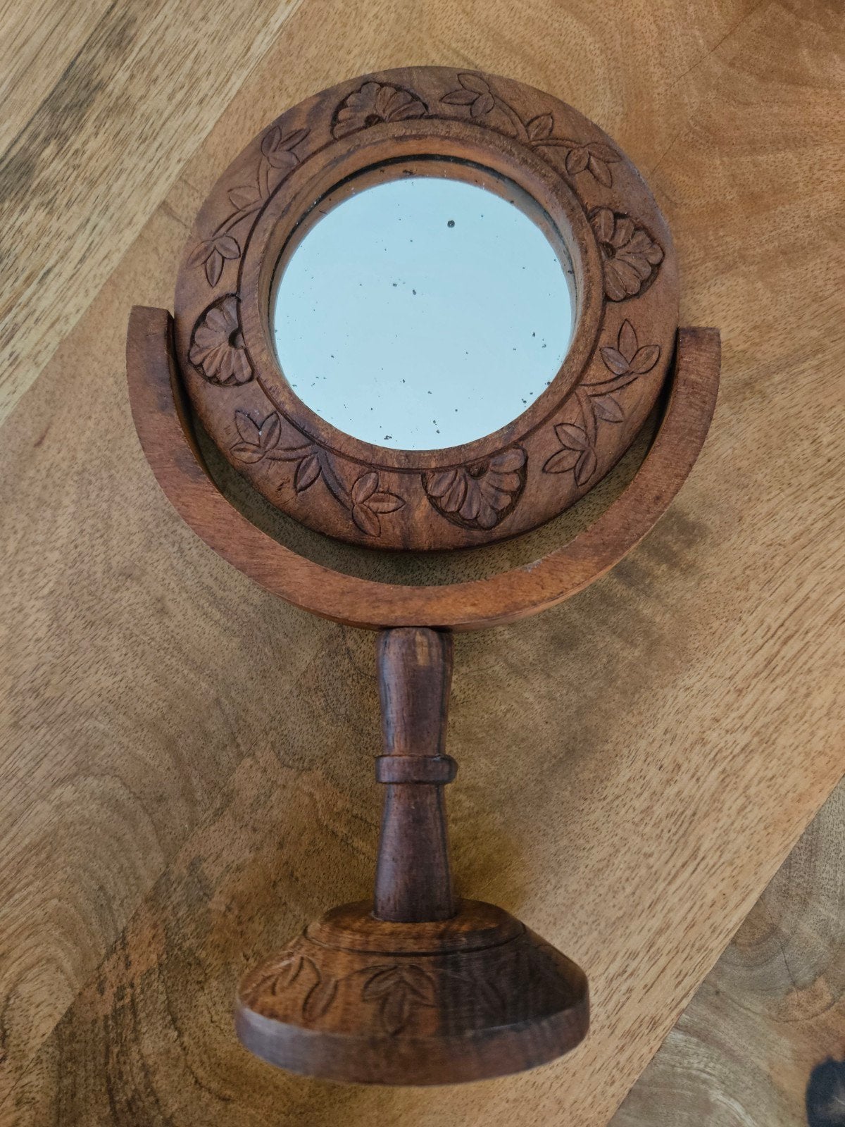 Vintage Indiase Tafelspiegel - Hout met Graveringen, Ophalen of Verzenden