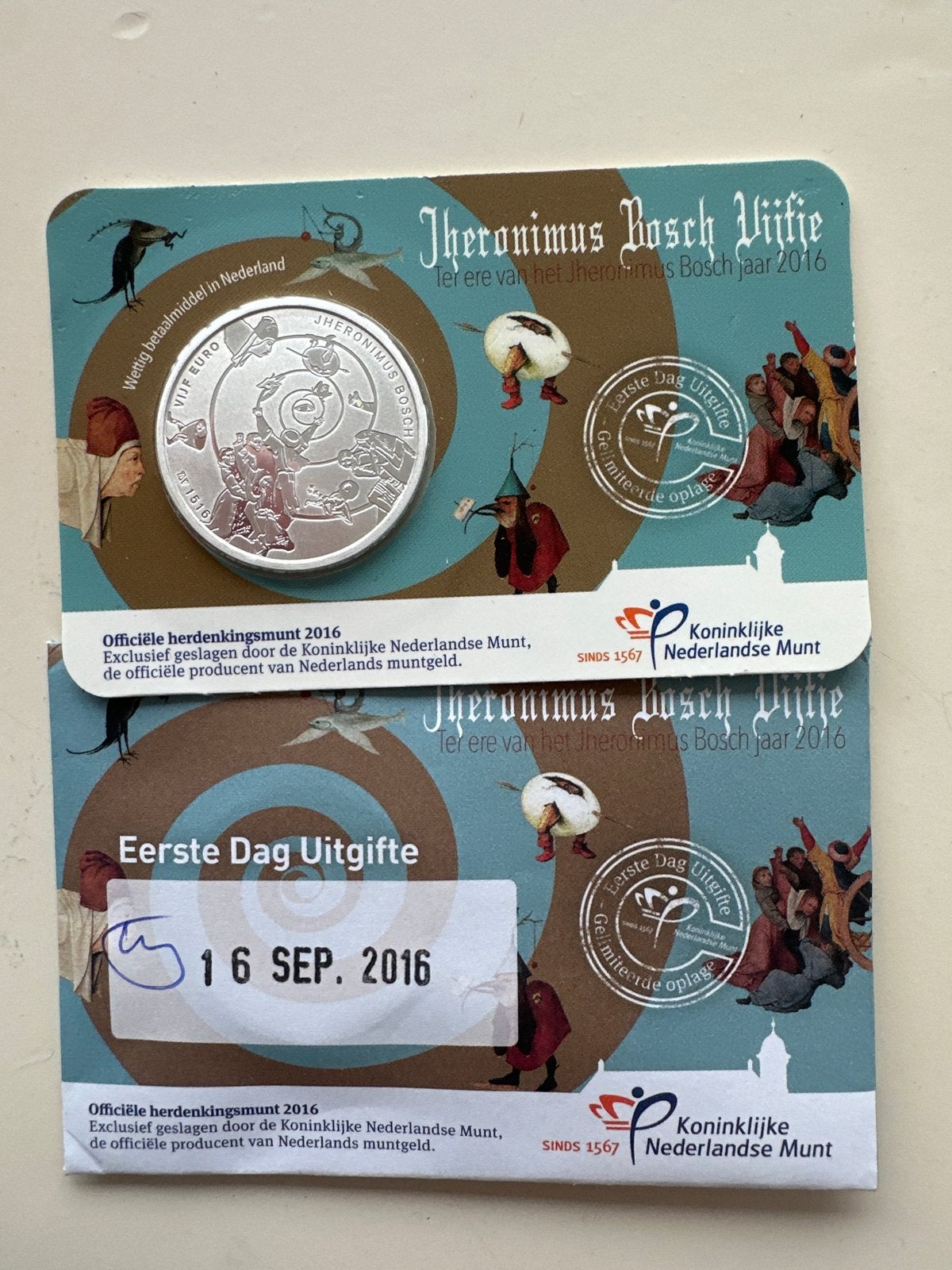 Jheronimus Bosch Vijfje 2016 - Eerste Dag Uitgifte, Koningin Beatrix, Zilver, Euro's, Ophalen of Verzenden