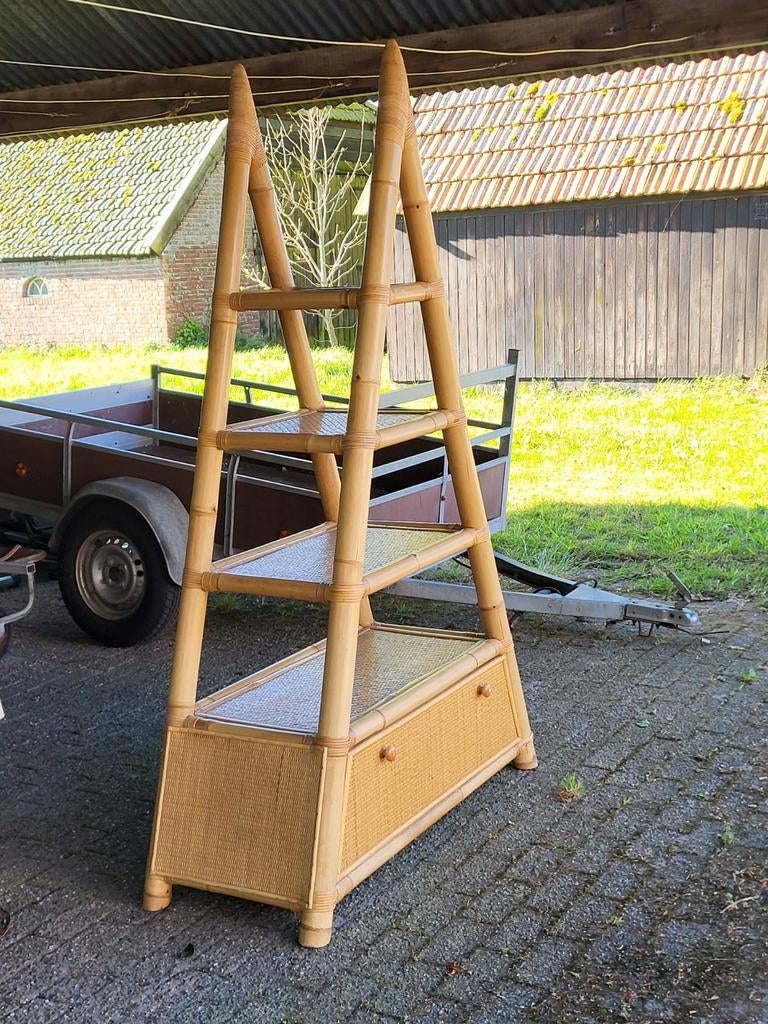 Vintage Bamboe Boekenkast met klep en Planken, Ophalen, Vintage, Bohemian, Retro, 50 tot 100 cm, Zo goed als nieuw