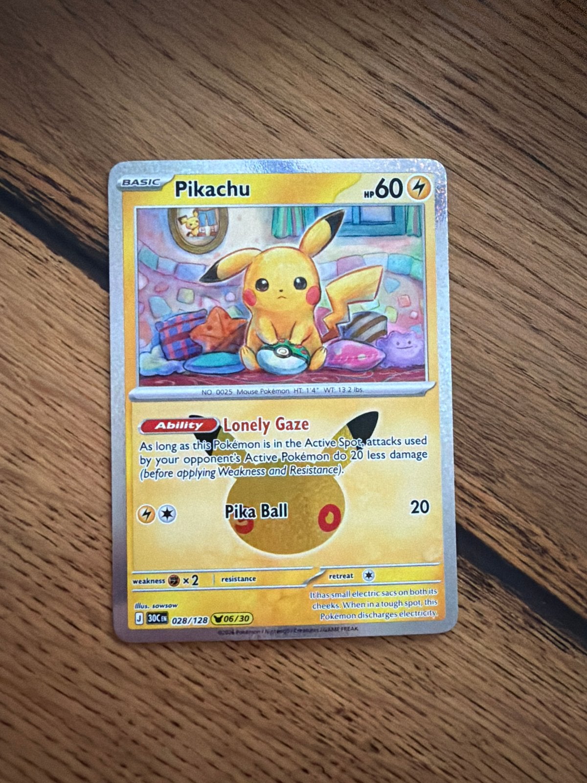 Pikachu Pokémon kaart - Basic HP60 - Lonely Gaze, Ophalen, Zo goed als nieuw, Losse kaart