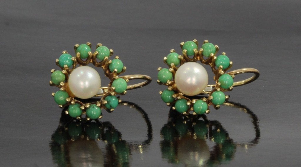 Turkoois edelsteen 14k gouden parel set oorbellen vintage, Voordeelsieraden, Ophalen of Verzenden, Zo goed als nieuw, Met edelsteen