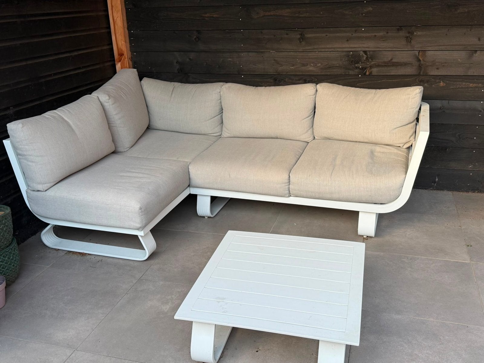 Witte aluminium loungeset met salontafel, 5 zitplaatsen, Gebruikt, Aluminium, Ophalen of Verzenden