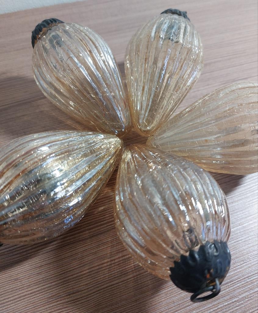 5 kerstballen heksenballen kegelvorm glas goud 9cm, Ophalen of Verzenden, Zo goed als nieuw