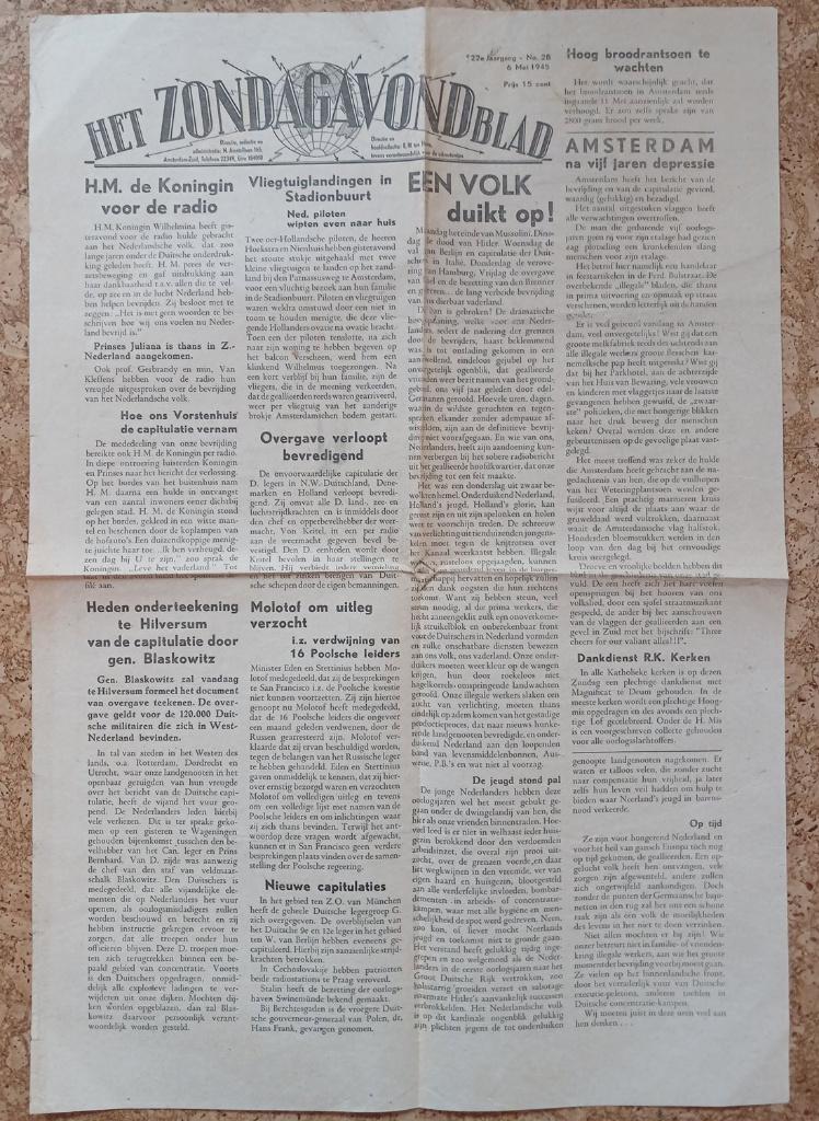Het Zondagavondblad Amsterdam 6 mei 1945 bevrijding, Verzenden, Overige typen, Overige soorten, X