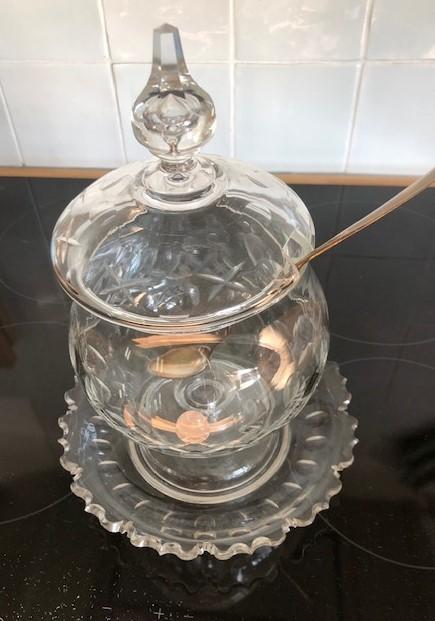 Kristallen Bowlpot met onderschotel en lepel, Ophalen of Verzenden
