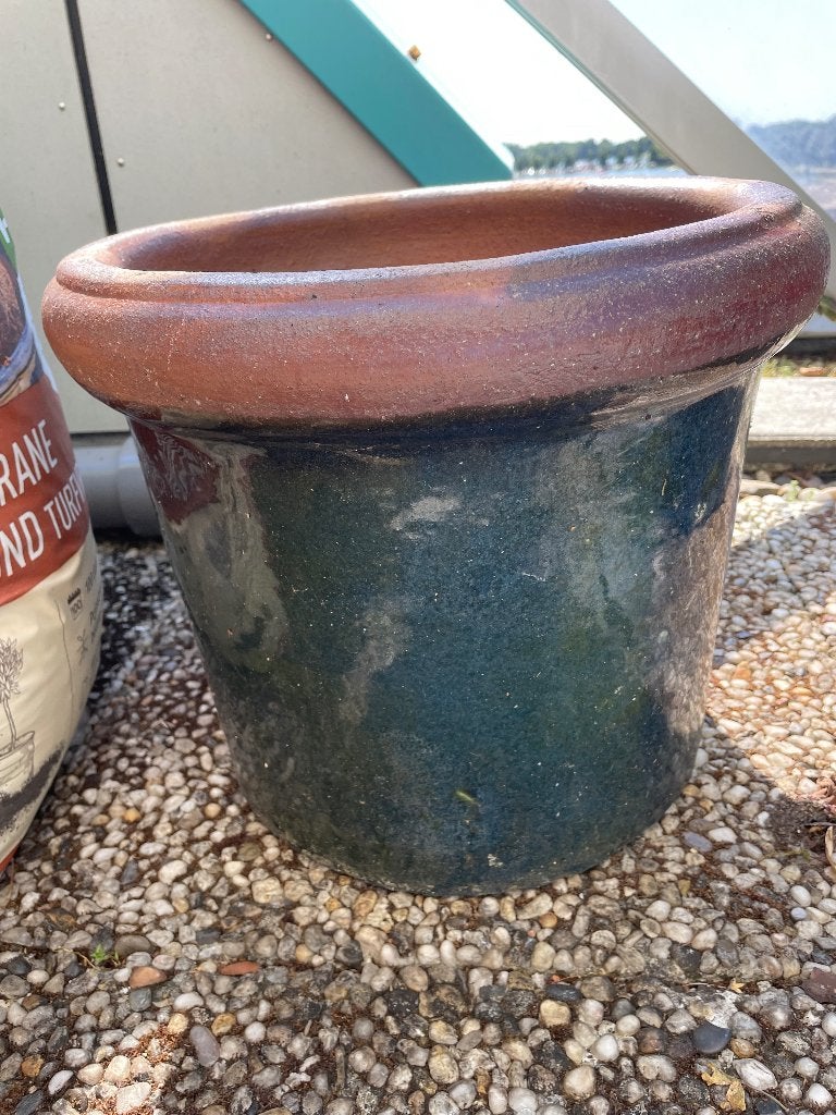 Buiten aardewerk bloempot donkerblauw glazuur, Ophalen, Rond, Zo goed als nieuw, Aardewerk