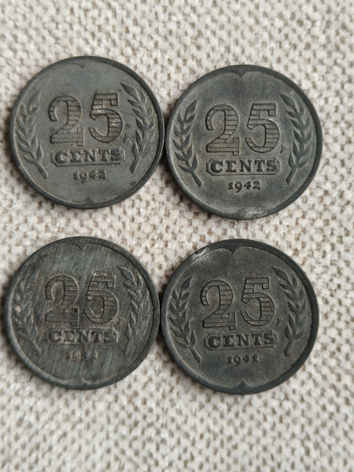 4 X MUNTEN ZINK, 25 CENTS, 1941, 1942, Verzenden, Koningin Wilhelmina, 25 cent