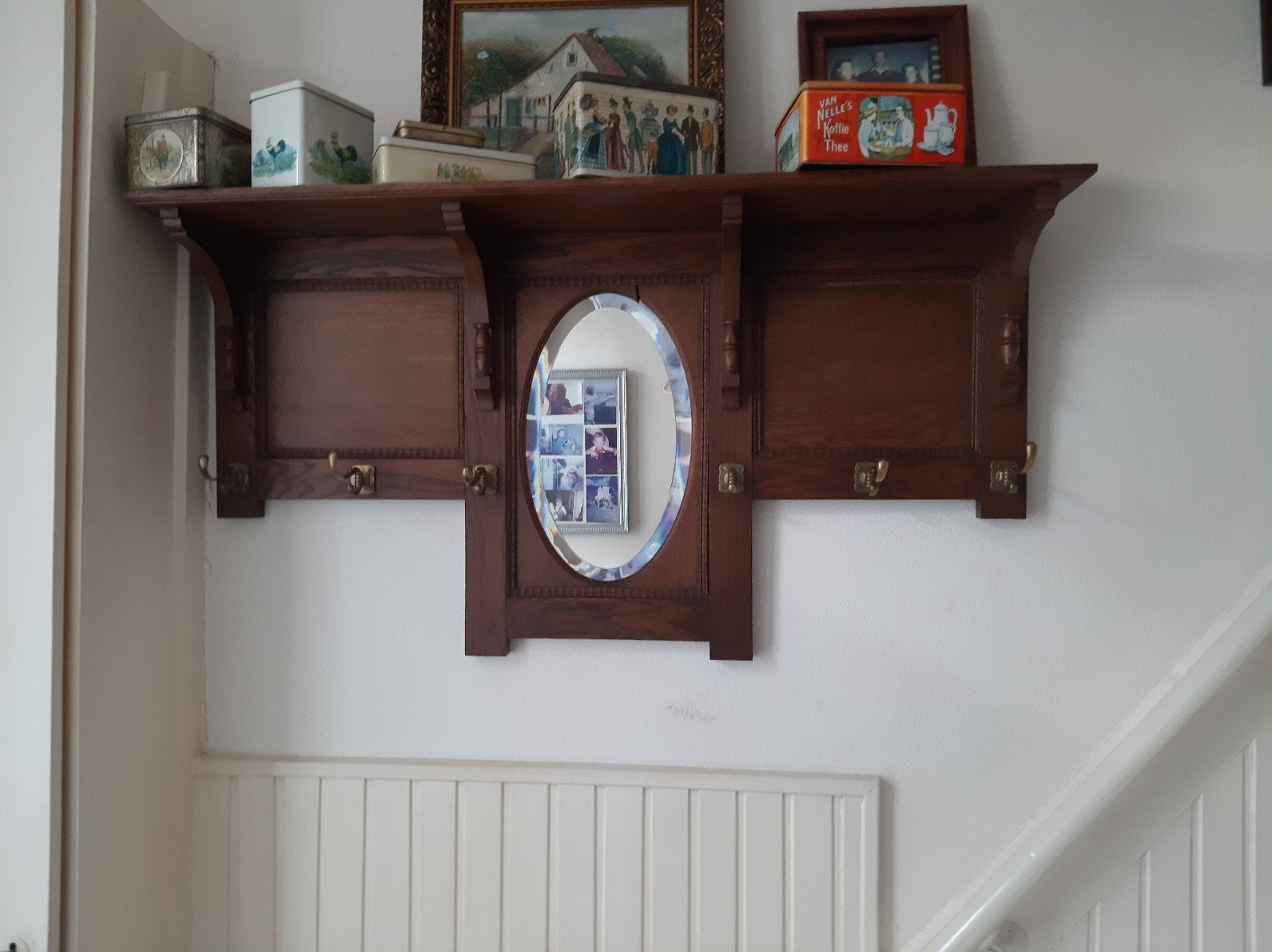 Antieke houten wandkapstok met spiegel, Ophalen of Verzenden, Gebruikt, Hout, Wandkapstok