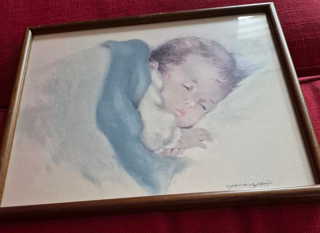 2 leuke Vintage baby schilderijtjes, Ophalen of Verzenden