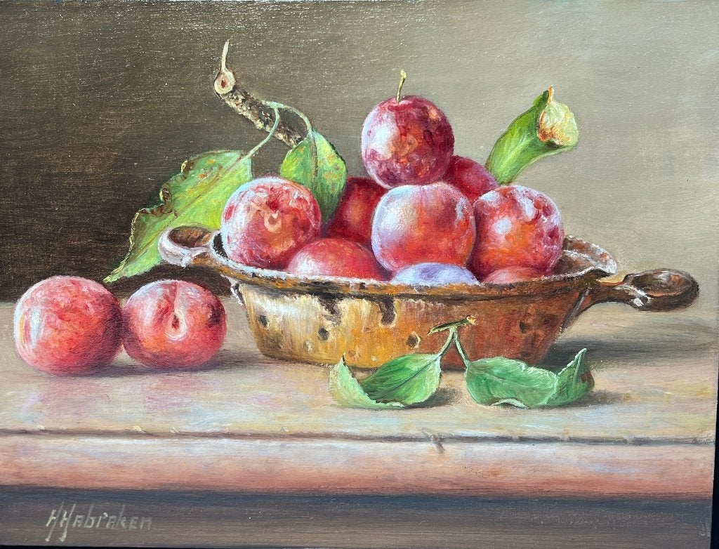 Schilderij  pruimen in een pan op paneel. Hans Habraken, Paneel, Realistisch, Stilleven, Ophalen of Verzenden