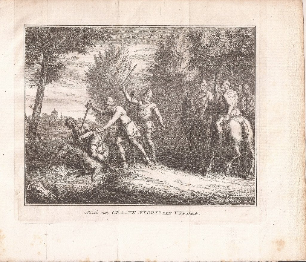 Moord van Graave Floris den Vyfden 1296, 19 cm, Ophalen of Verzenden, Gravure, 15 cm