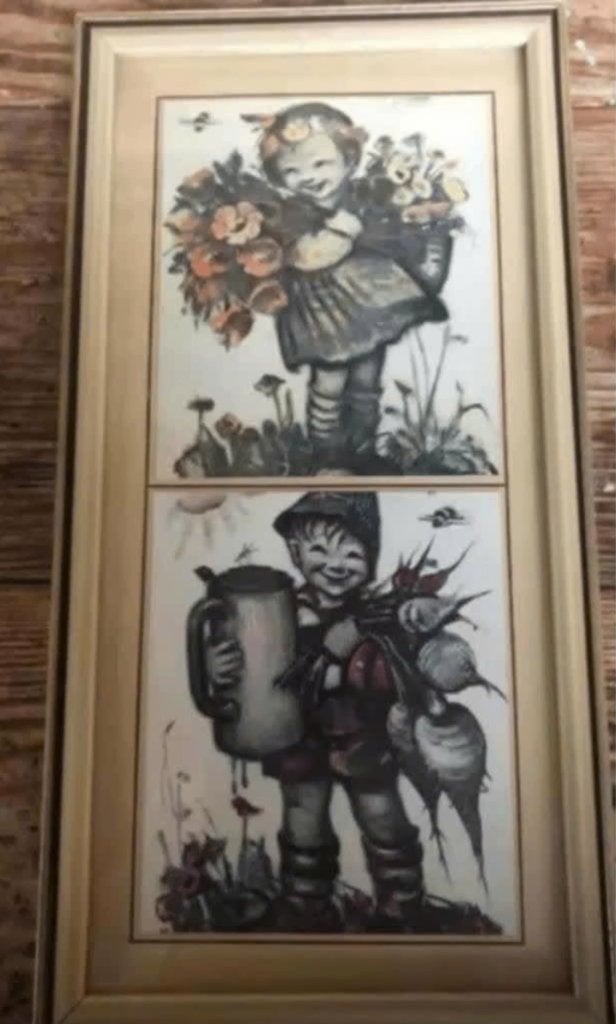 Antiek schilderijtje Hummel - jongen en meisje - (28 x 14), Portret of Personen, Ophalen of Verzenden, Klassiek, Print