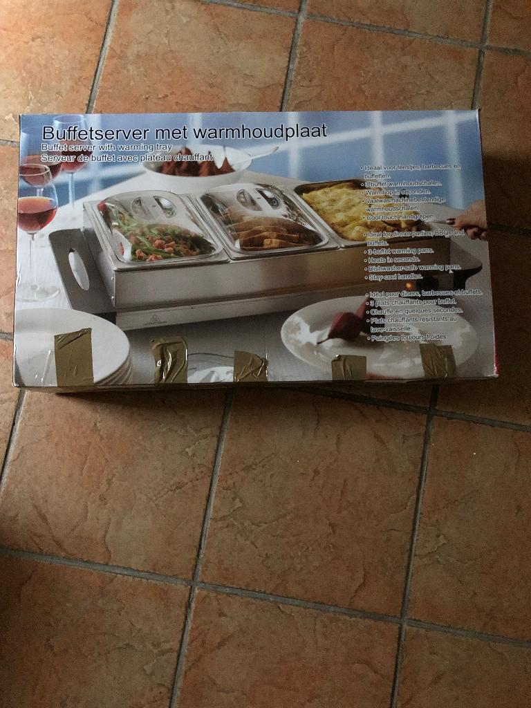 Te koop; Buffetserver met 3 schalen en warmhoudplaat, Ophalen, Zo goed als nieuw, Overige materialen