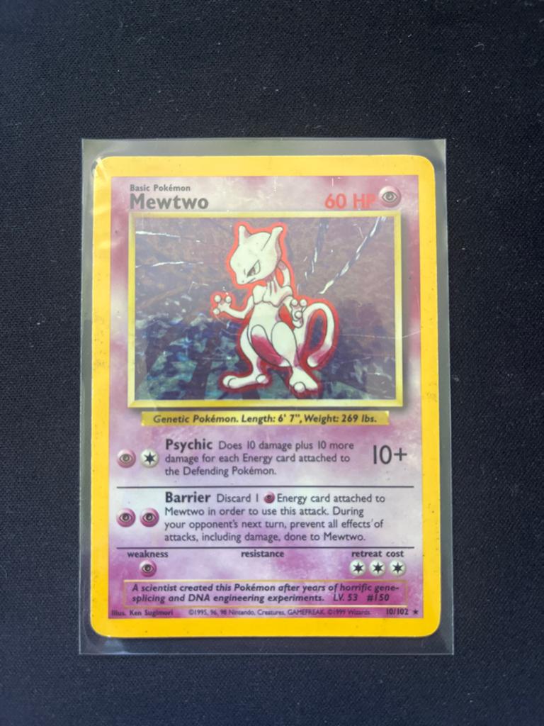 Mewtwo Holo 10/102 Base Set Pokémon Kaart, Ophalen of Verzenden, Gebruikt, Losse kaart, Foil