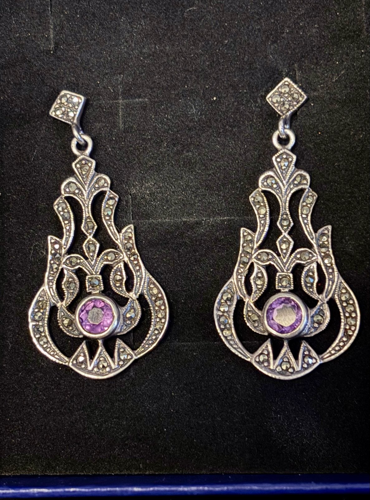 Vintage Art Nouveau Amethist & Marcasiet Oorbellen Zilver, Sieraden, Tassen en Uiterlijk, Paars, Ophalen of Verzenden, Met edelsteen