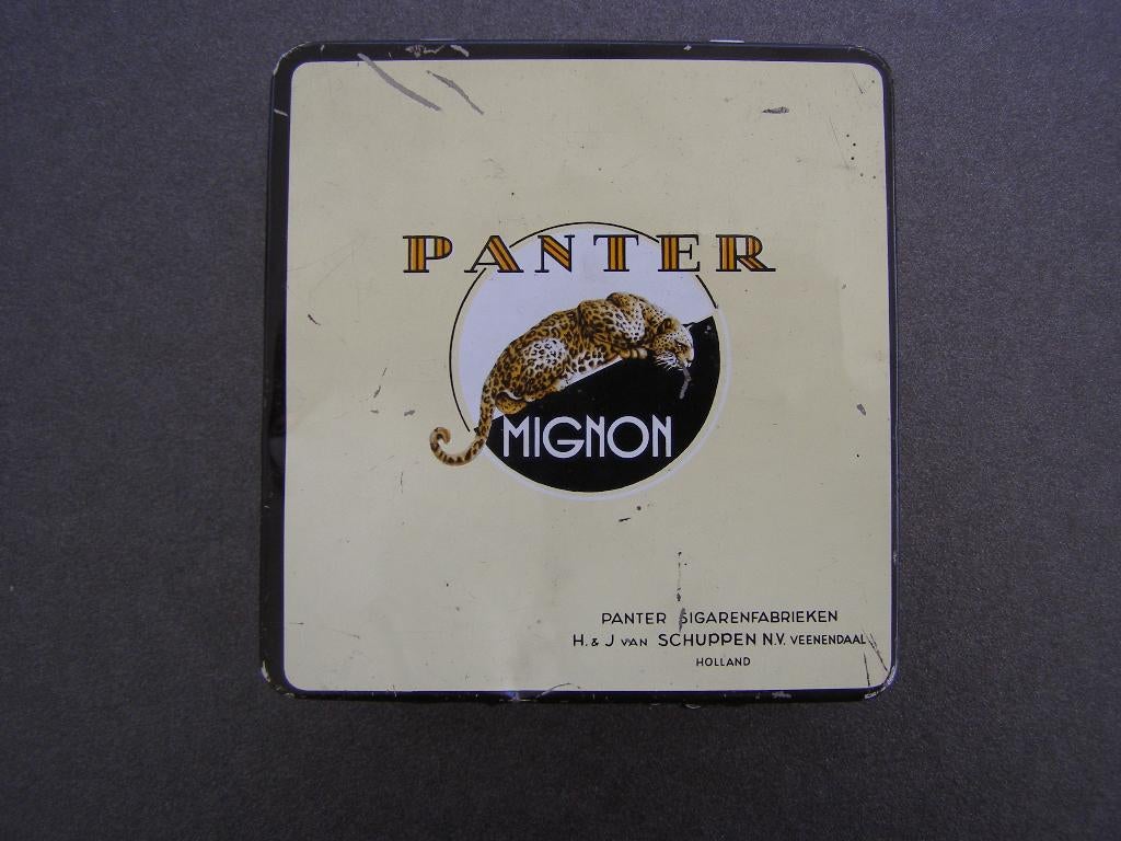 Vintage! Sigarenblikje PANTER MIGNON, vierkant, jaren ‘60, Verzamelen, Ophalen of Verzenden, Gebruikt, Tabaksdoos of Verpakking