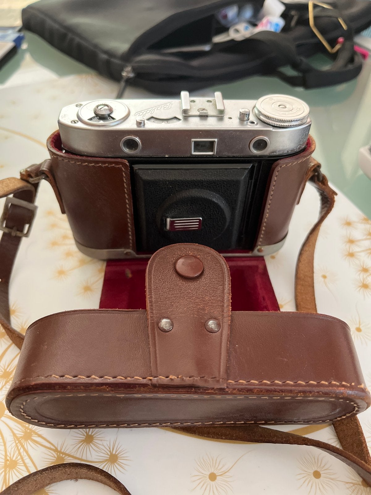 Vintage Balda Baldina vouwcamera met lederen tas, Audio, Tv en Foto, Fotocamera's Analoog, Ophalen, Gebruikt, Compact, Overige Merken