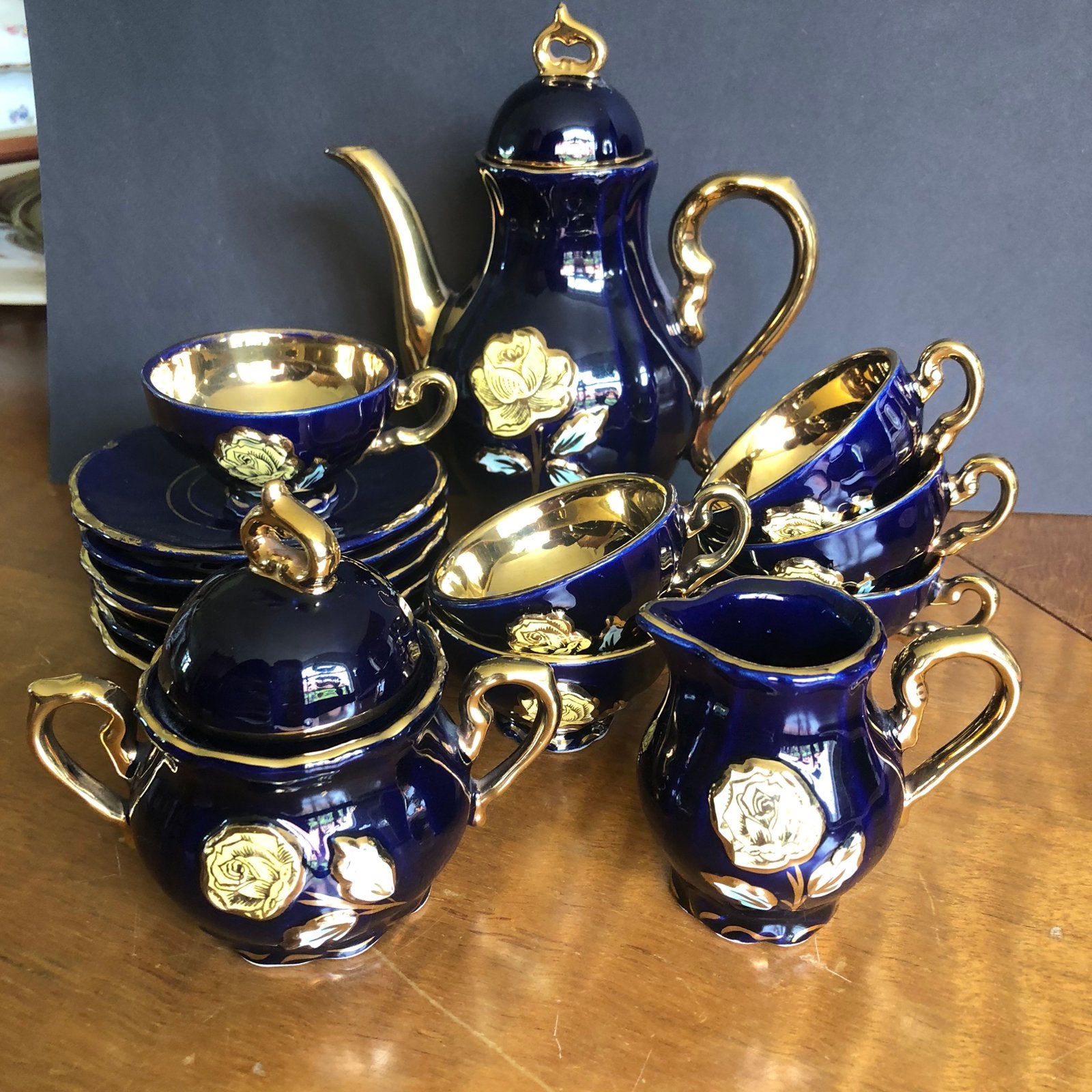 Kolbalt blauw mocca servies. 9 delig Halbach, Verzenden
