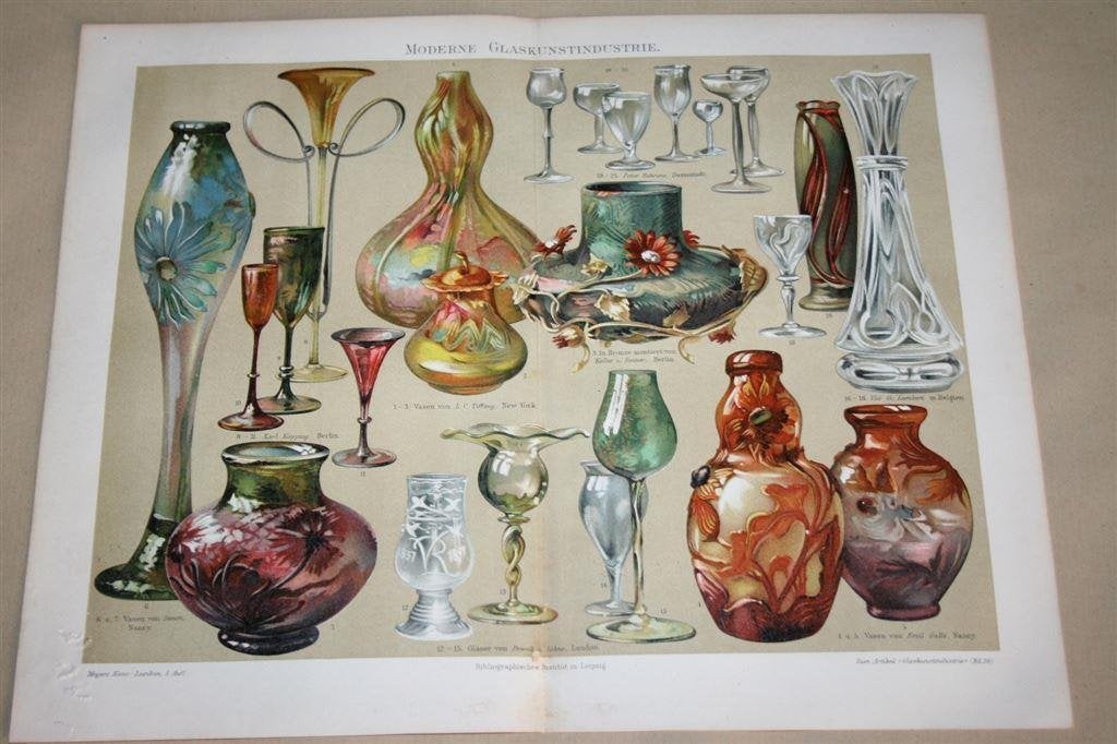 Antieke kleurenlitho - Jugendstil glaswerk - Ca 1900 !!, Ophalen of Verzenden