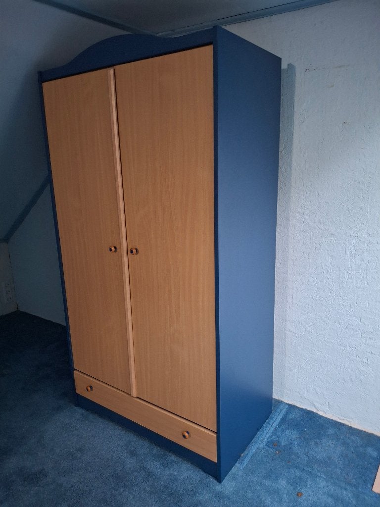 kledingkast blauw en beukenfineer, Ophalen, Gebruikt, 50 tot 100 cm, Met lade(s)