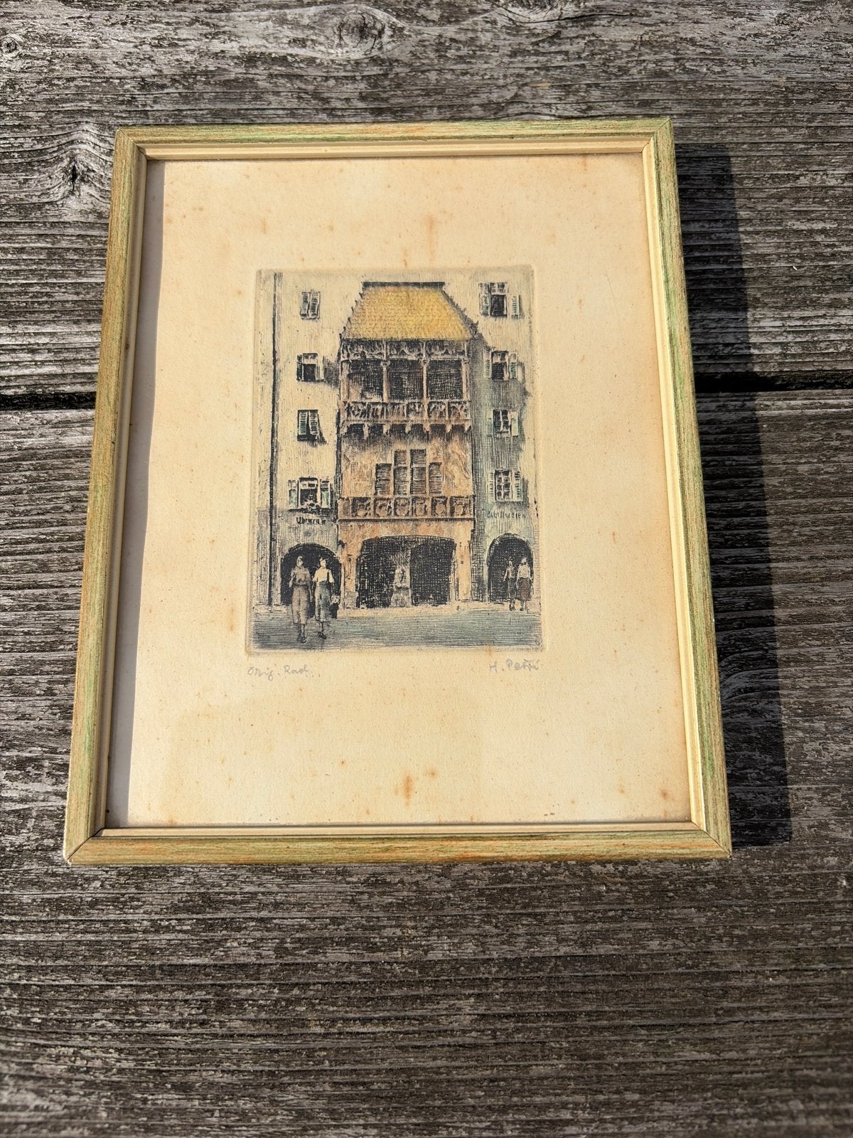 Ingelijste ets van H. Peth: Het Gouden Dak, Innsbruck, Ets, Stadsgezicht, Ophalen of Verzenden, Gesigneerd