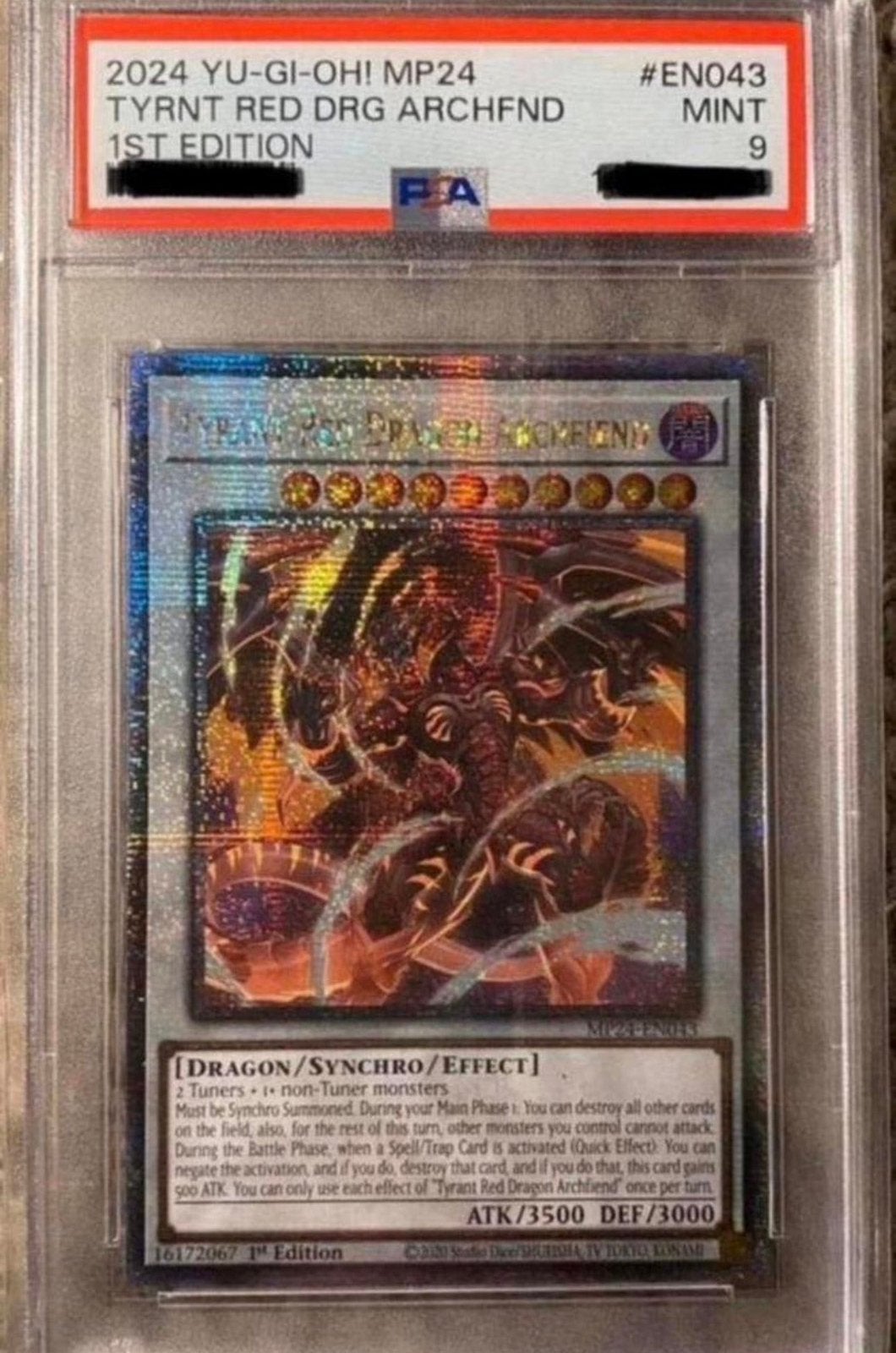 Yu-Gi-Oh! Tyrant Red Dragon Archfiend MP24 QCR PSA 9 Mint !, Ophalen of Verzenden, Zo goed als nieuw, Losse kaart, Foil