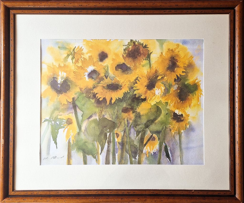 Aquarel Zonnebloemen, gesigneerd, ingelijst achter glas, Ophalen, Aquarel, Papier/karton, Gesigneerd