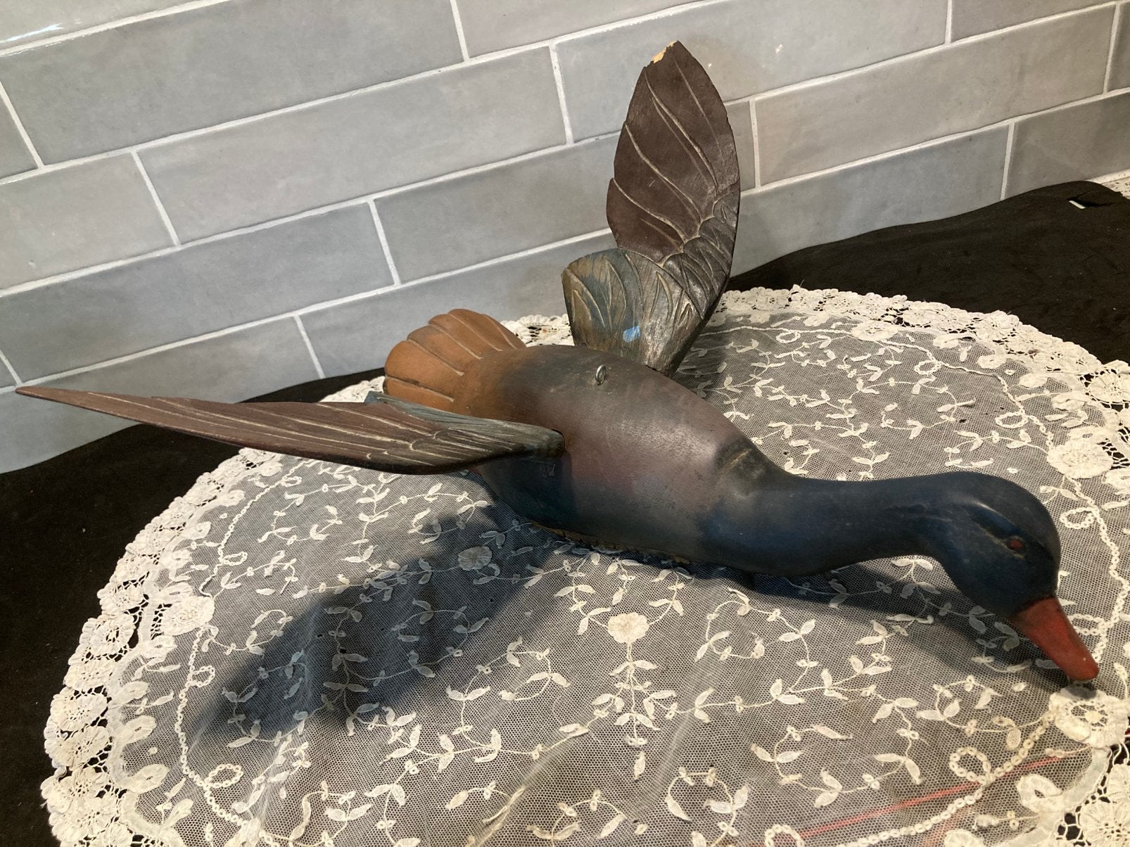 Vintage houten eend mobiel (241025s), Ophalen of Verzenden, Beeld, Vogel