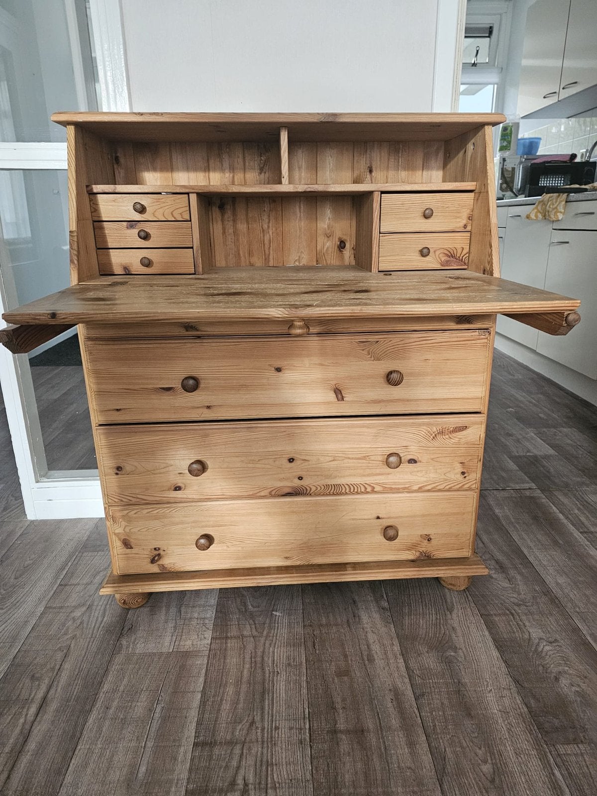 Vintage grenen secretaire met lades en klep, Gebruikt, Met lade(s), Grenenhout, 25 tot 50 cm