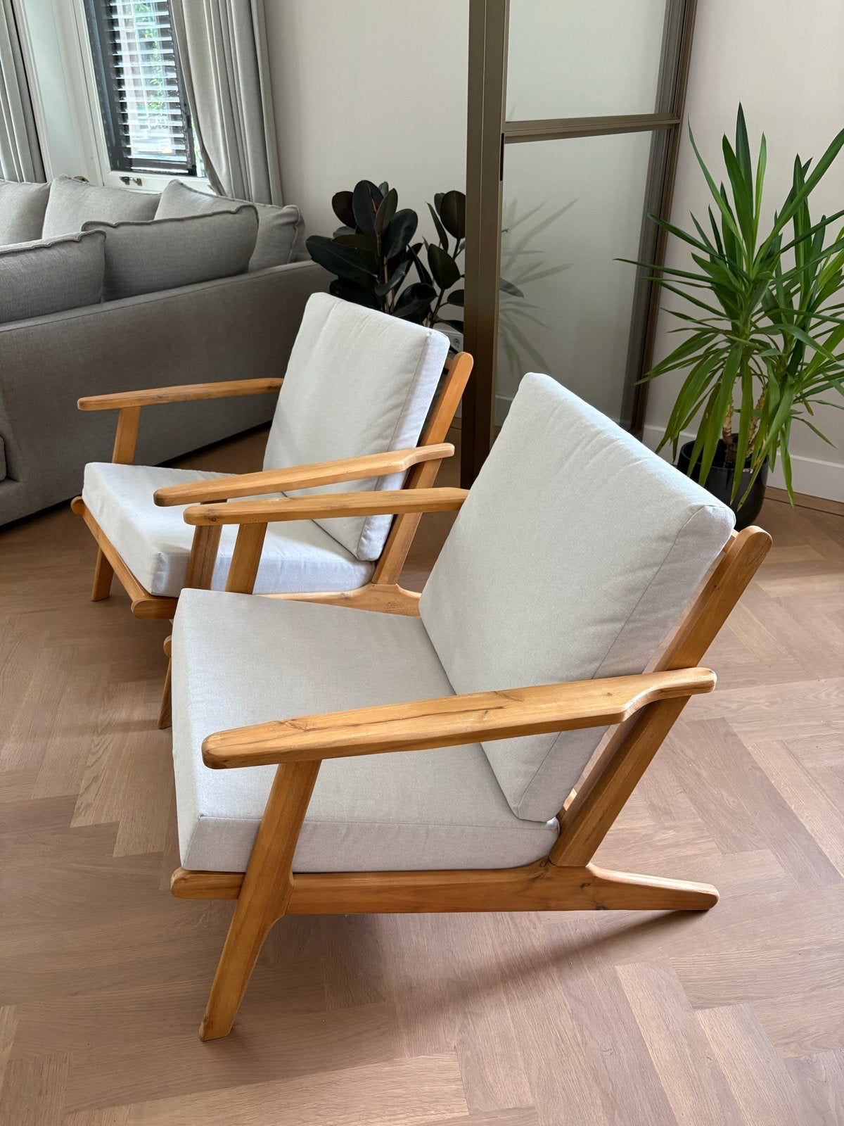 Set van 2 houten fauteuils voor in de  tuin, Ophalen, Zo goed als nieuw, Hout