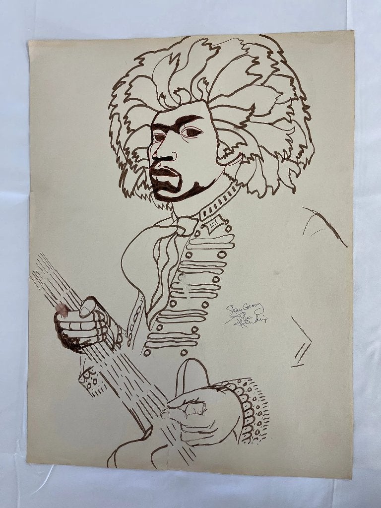 JIMI HENDRIX SIGNED !! Artwork 1960 Dwight Russ Verification, Verzamelen, Muziek, Artiesten en Beroemdheden, Gebruikt, Poster, Artwork of Schilderij