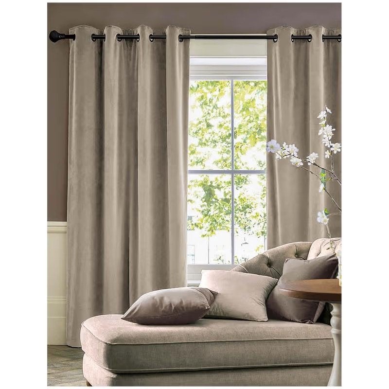 6x Zo goed als nieuwe taupe velvet gordijnen 140x260cm, Fluweel, Ophalen of Verzenden, Gordijn, Bruin