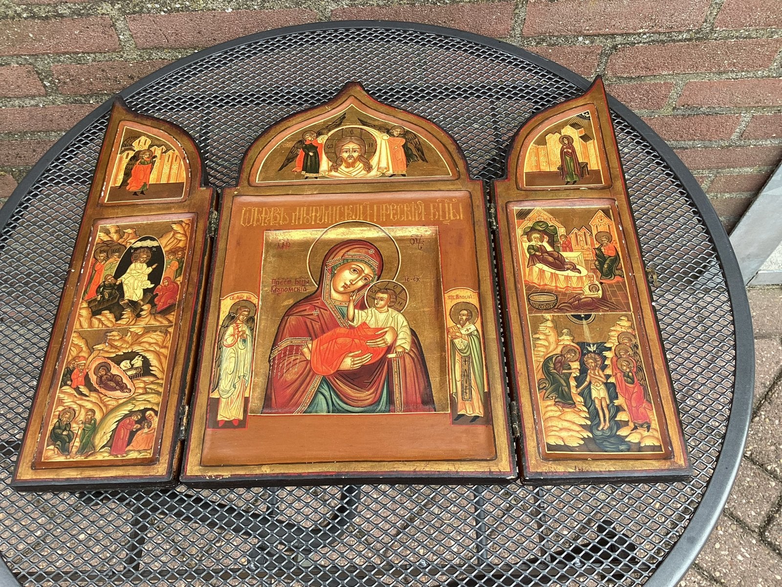 Drieluik Orthodoxe Icoon - Maria met Kind en Scènes, Ophalen of Verzenden