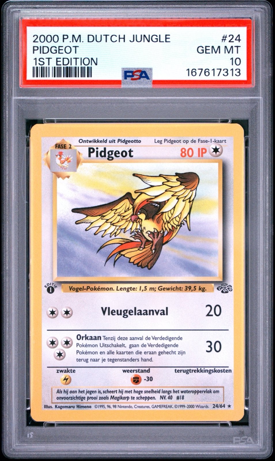 Pidgeot 1st Edition PSA 10 GEM MT - 2000 P.M. Dutch Jungle, Ophalen of Verzenden, Nieuw, Losse kaart