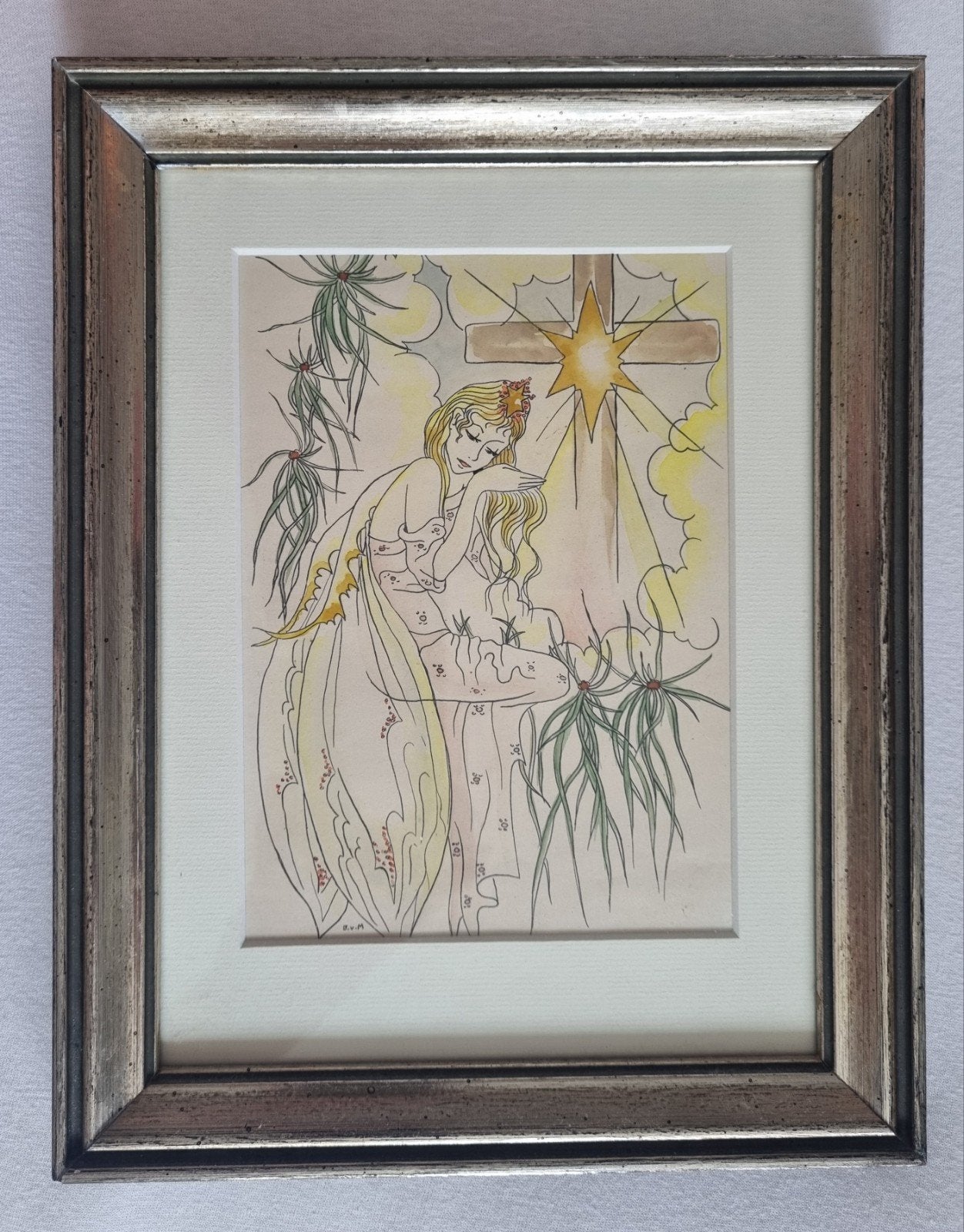 .Jugendstil ingelijste pentekening aquarel, Antiek en Kunst, Kunst | Schilderijen | Klassiek, Ophalen of Verzenden