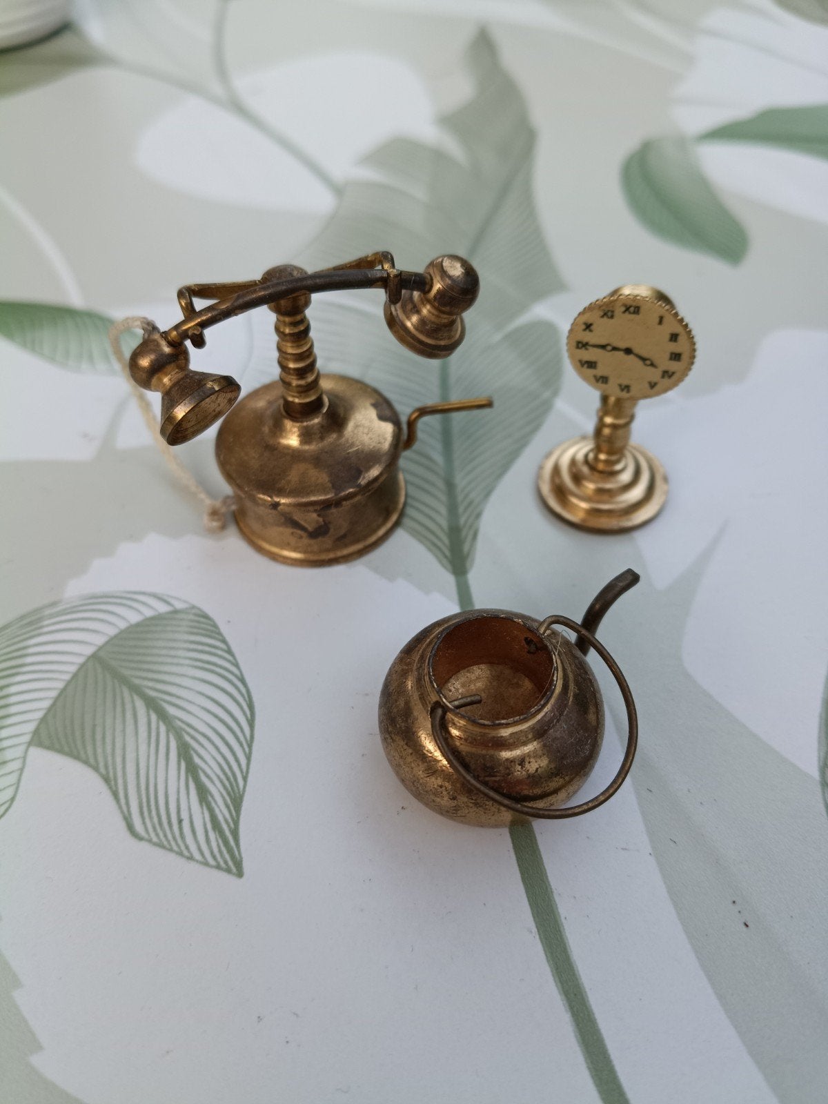 Miniatuur messing decoratie set: telefoon, klok, theepot, Ophalen of Verzenden
