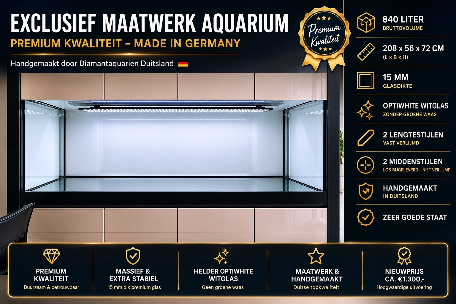Top Aquarium 840L – 208x56x72 cm – 15mm Optiwhite Witglas, Dieren en Toebehoren, Vissen | Aquaria en Toebehoren, Ophalen, Zo goed als nieuw