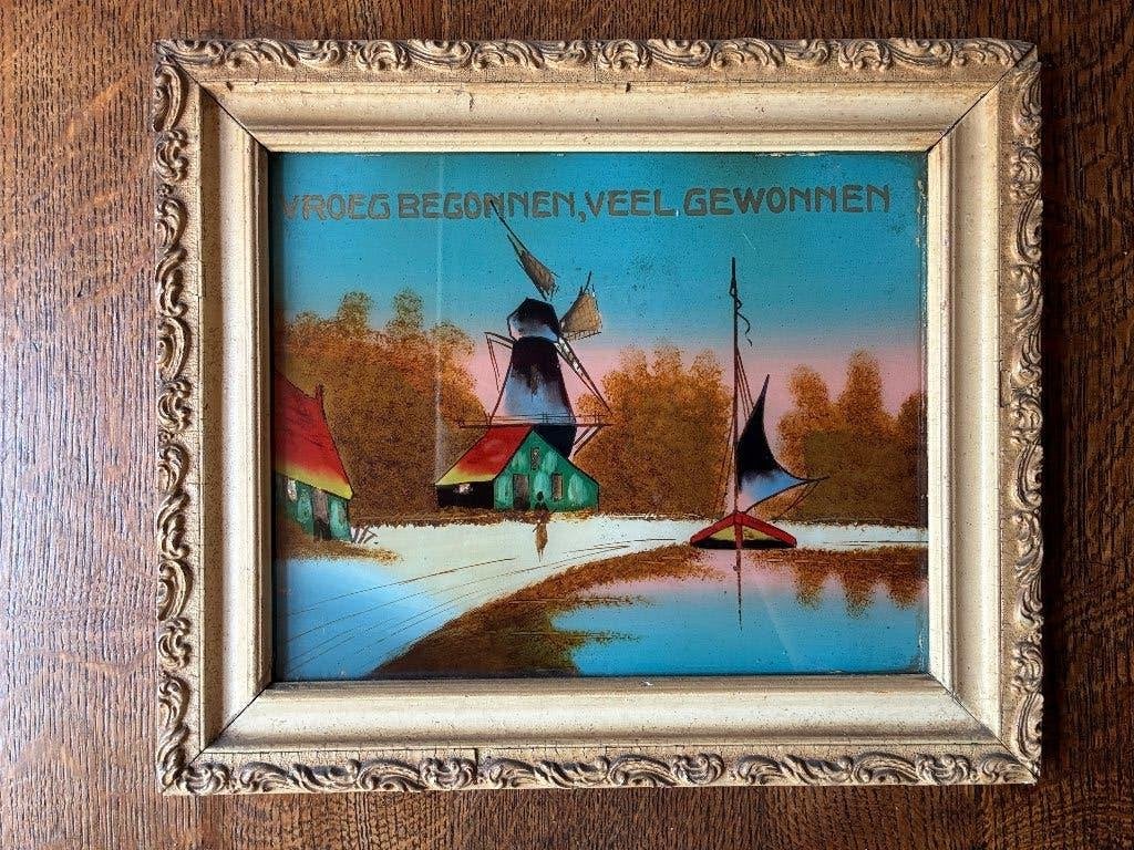 Vintage achter glas schilderij Vroeg begonnen, veel gewonnen, Ophalen, Ingelijst, Landschap