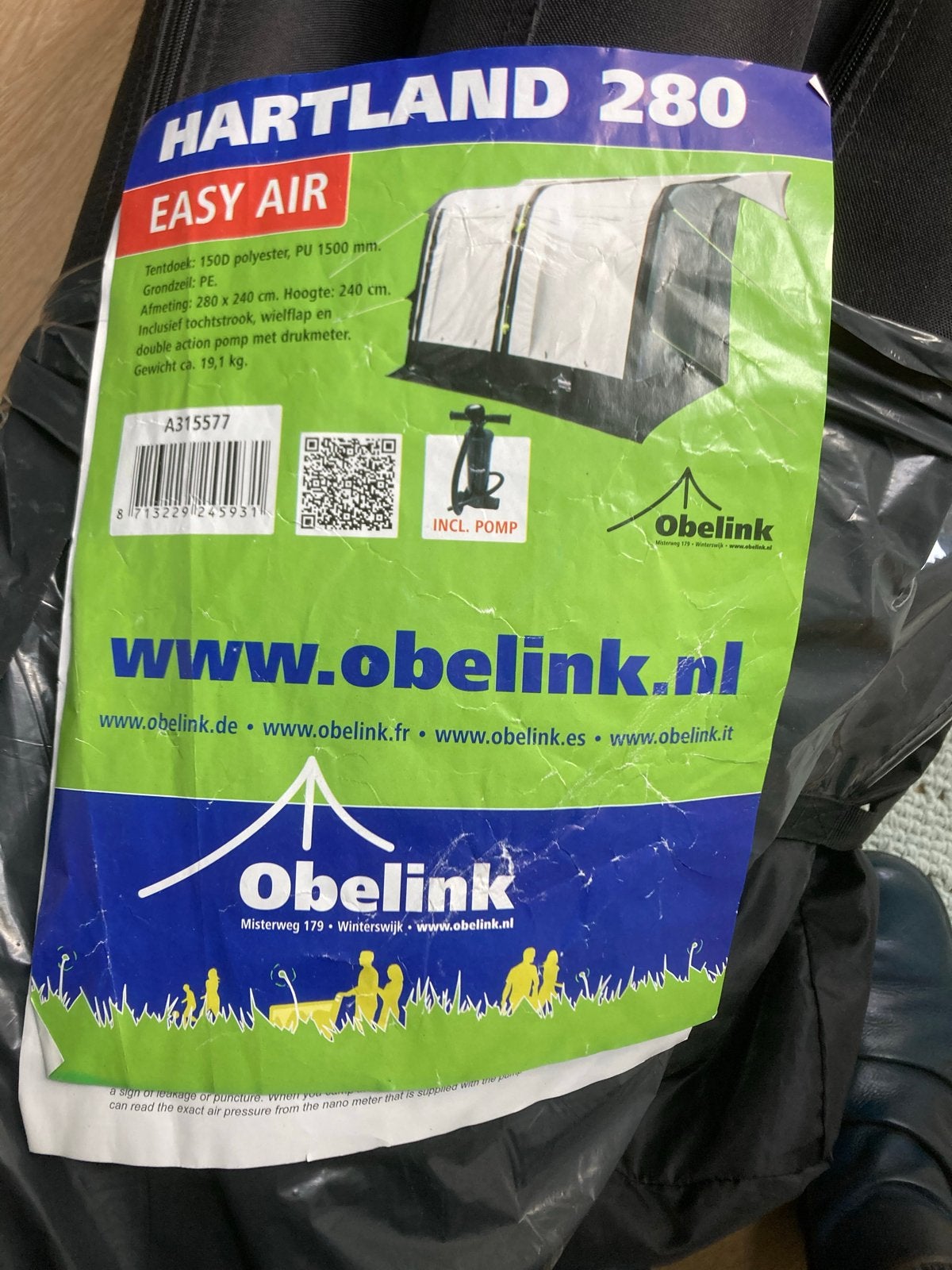 Obelink Hartland 280 Easy Air caravanvoortent, Ophalen, Gebruikt, Tot en met 2