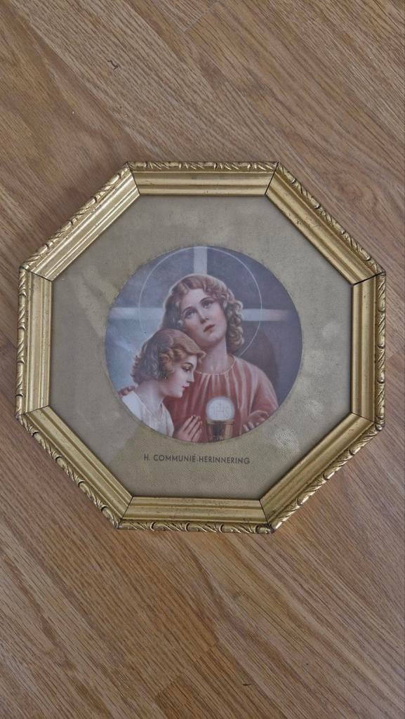 H. Communie Herinnering schilderij in achthoekige lijst, Antiek en Kunst, Verzenden