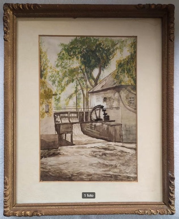 Pentekening watermolen in goudgekleurde lijst, Antiek en Kunst, Ophalen of Verzenden, Tekening, Handgemaakt