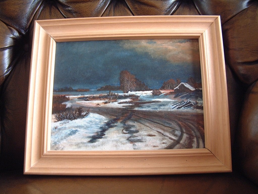 Gaaf echt olieverf bijzonder winter schilderijtje in lijst, Ophalen of Verzenden, Olieverf, Landschap